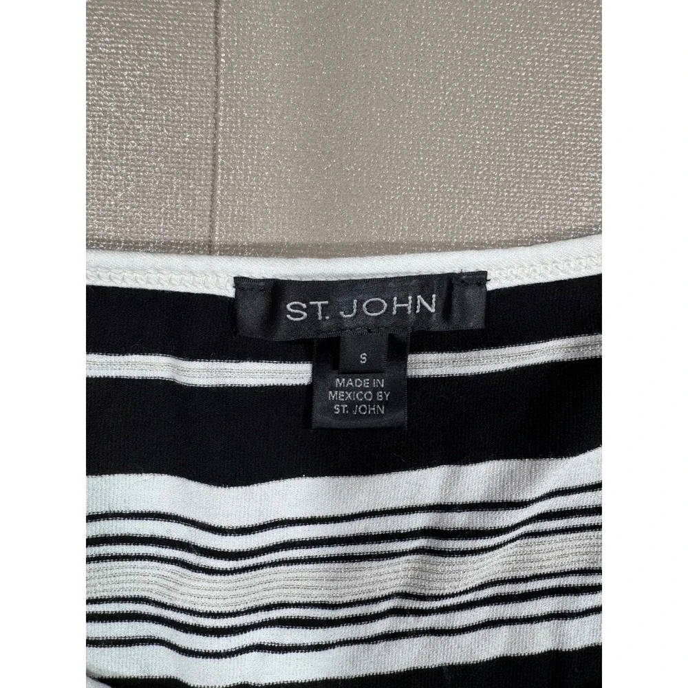 St John‎ Womens Small Black White Striped 3/4 Sleeve Knit Top Metallic Detail